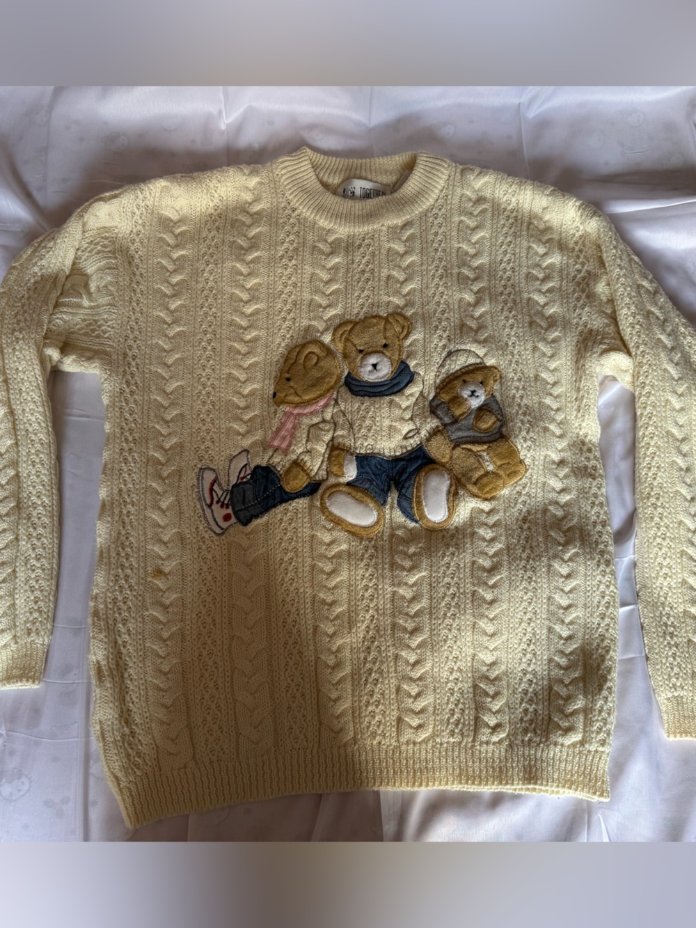 Women’s Cream Cable Knit Sweater with Bear